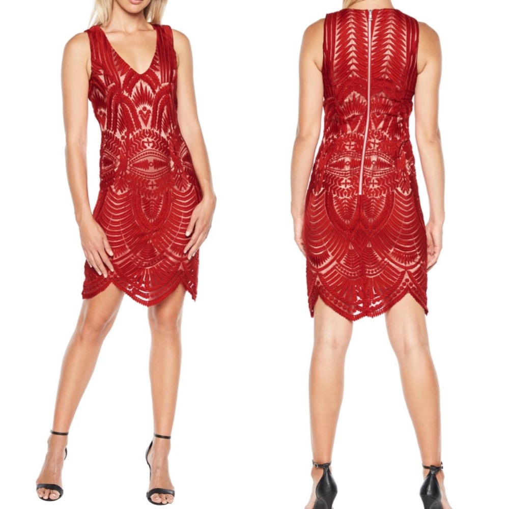 Bardot RedV-Neck Sleeveless Scalloped Midi Dress